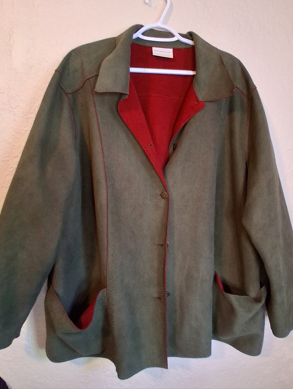 Alfred Dunner Olive Jacket with Red Interior and Trim Details Faux Suede Look